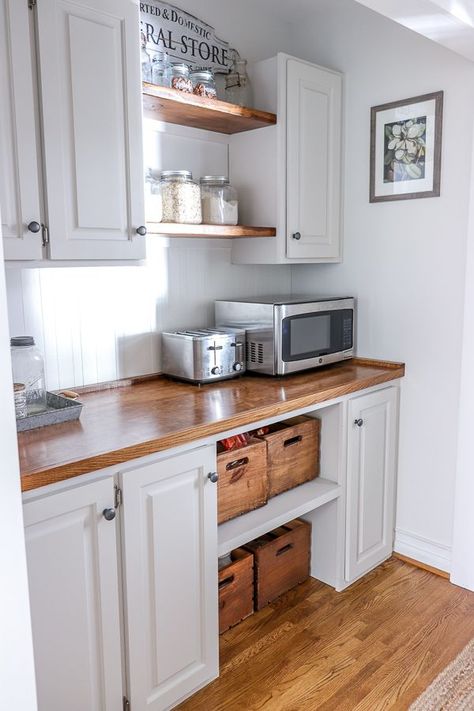 Kitchen Desk Into Coffee Bar, Dining Room Turned Pantry, Dishwasher Hole Ideas, Desk Remodel, Pantry Hallway, Hallway Pantry, Cottage Pantry, Diy Pantry Makeover, Kitchen Desk Areas