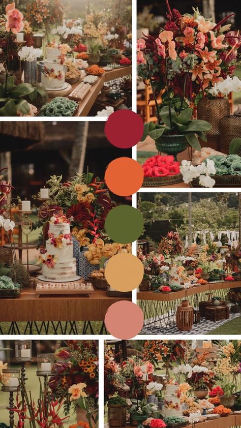 Modern Mexican Wedding Colors, Mexican Wedding Colors Palette, Tropical Wedding Theme Color Palettes, Costa Rica Wedding Colors, Tropical Vintage Wedding, Terracota Mexican Wedding, Boho Wedding Theme Color Palettes, Boho Mexican Wedding Decor, Mexican Colorful Wedding