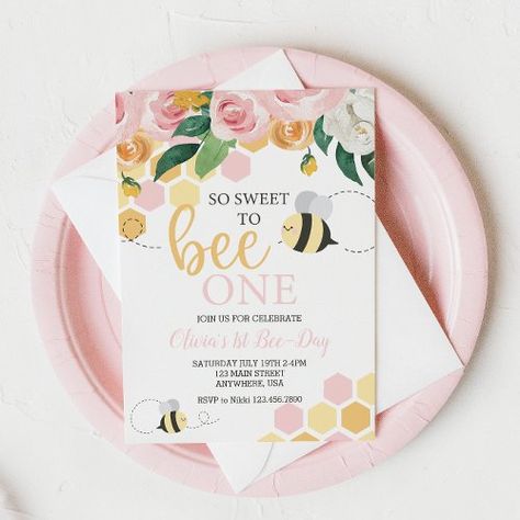 $ 2.98 | Bee Day bumblebee 1st Birthday pink floral - bee, bee day, first birthday, floral, flowers, pink, honeycomb, cute bee, bumblebee, girl birthday Bee Party Ideas 1st Birthdays, Babygirl 1st Birthday Party Themes, First Birthday Girl Ideas Themes, Bee Themed 1st Birthday Party Girl, Sweet To Bee One Birthday Party, Baby Girl 1st Birthday Bee Theme, Happy First Bee Day, Sweet As Can Bee First Birthday, 1st Birthday Girl Bee Theme