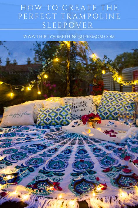 #AD See how I created a backyard oasis that makes the perfect setting for a trampoline sleepover. Would you spend the night here? #Outdoors #oasis #retreat #boho #bohostyle #trampoline #sleepover #oasis #create #gardens #home #homedecorideas #trampoline Trampoline Sleepover, Trampoline Tent, Trampoline Party, Beach Backyard, Shade Tent, Backyard Movie Nights, Backyard Oasis Ideas, Backyard Movie, Backyard Beach