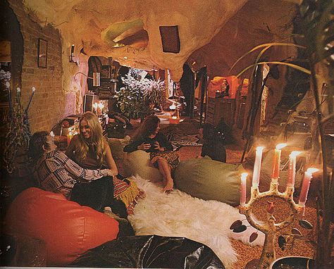 Cave interior with foam stalagtites. "Living For Today", 1972 Cave Interior, 1970s Interior Design, Bean Bag Lounge, 70s House, 1970s Decor, Interior Design Books, 70s Decor, Shag Carpet, House Design Photos