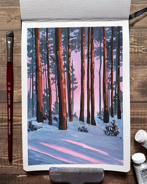 Photos Of Trees, Gouache Illustrations, Painting Snow, Gouache Art, Winter Painting, Small Canvas Art, First Snow, Nature Art Painting, Amazing Art Painting