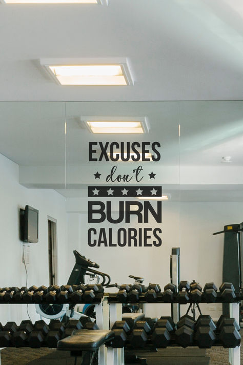 Stay focused on your fitness goals with the wall decal Excuses Don't Burn Calories. Perfect for home gyms, workout rooms, or fitness studios, this motivational quote encourages accountability and hard work. Enhance your fitness space with this stylish and impactful wall decal, designed to inspire determination and a no-excuses mindset Gym Wall Quotes, Gym Mindset, Quote For Home, Home Gym Yoga, Fitness Space, Fitness Studios, Gym Wall Decal, Gym Wall, Wall Writing