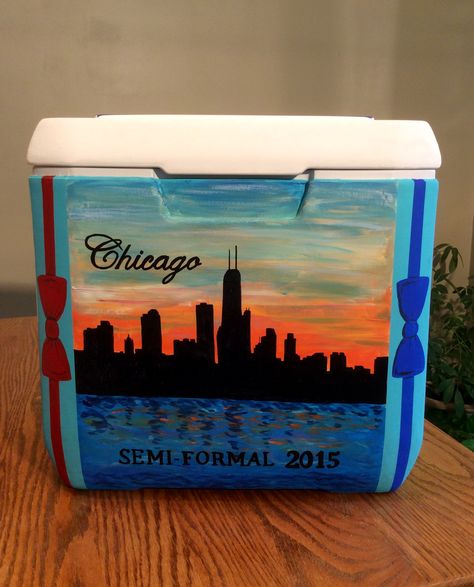 My first painted cooler for Beta semi-formal...Chicago skyline at sunset Mizzou Frat Cooler, Tke Cooler, Painted Fraternity Coolers, Nola Cooler, Formal Coolers, Frat Formal, Fraternity Cooler, Phi Delt, Formal Cooler Ideas