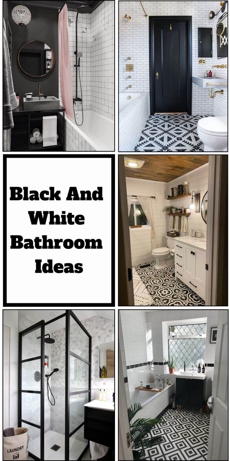 A black-and-white bathroom is a timeless option that can suit any interior design. This versatile pairing can give a contemporary or classic feel, depending on the finishes and fixtures you choose. It complements various decor styles, such as traditional, farmhouse, and modern. By using black and white for your wall paint, floor tiles, lighting, rugs, and decor, you can create a dynamic space that is both visually appealing and durable. Now let’s get inspiration for your space with our black-and Black And White Shower Room Ideas, Charcoal And White Bathroom Ideas, Black And White Master Bath Tile, Black And White Bathroom Ideas Farmhouse, White Wall Tile Black Floor Tile Bathroom, Farmhouse Bathroom With Black And White Tile Floor, Black And White Bathroom Decor Ideas, Master Shower Black And White, Paint Floor Tiles