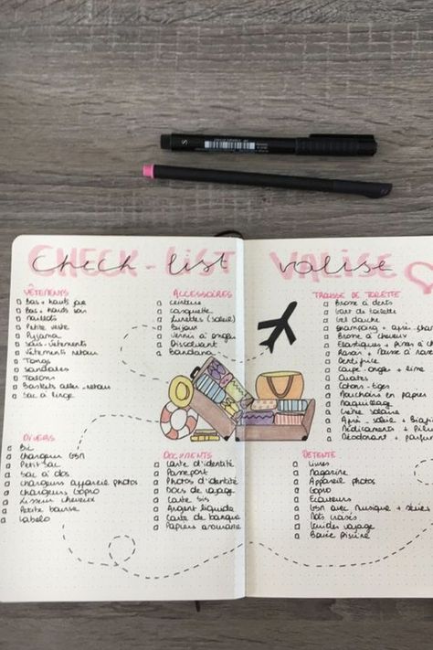 Liste de vacances - bullet journal (à emporter dans les bagages) Bullet Journal Voyage, Creative Travel Journal, Best Travel Journals, Travel Journal Ideas, Notebook Diy, Travel Journal Scrapbook, Diy Travel Journal, Travel Sketchbook, Bullet Planner