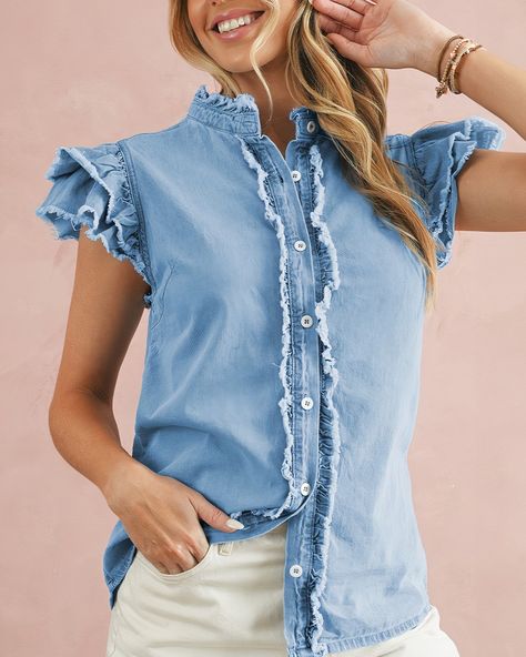 Denim blues 🩵🩵 Girly Tops, Feminine Top, Ruffled Top, Frayed Denim, Top Graphic Tees, Pant Shirt, Flutter Sleeves, Outerwear Sweater, Denim Top