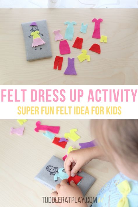 Felt Dress Up Activity - Toddler at Play - Sensory Play Preschool, Felt Crafts Kids, Creative Play Ideas, Toddler Dress Up, Homeschooling Activities, Felt Dress, Toddler Parenting, Felt Boards, Kids Backyard