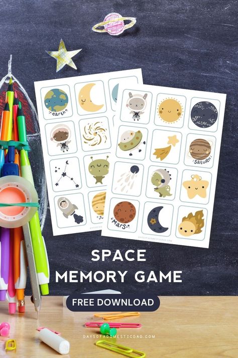 With this Space Memory Game, spatial orientation and memory skills are enhanced as players try to correctly match space-themed pictures. Memory Games For Kindergarten, Free Printable Memory Game, Planet Matching Game, Space Memory Game, Camping Memory Game, Mnemonic Devices, Memory Games For Kids, The Game Is Over, Kids Memories