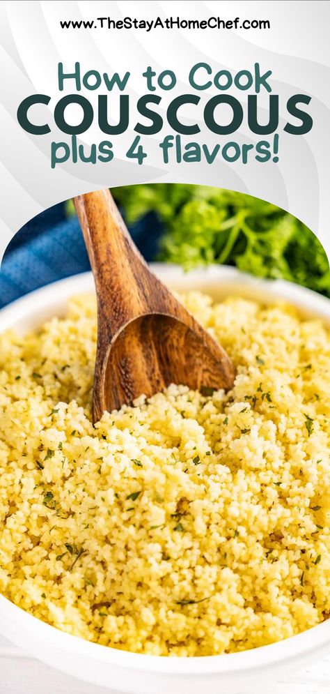 A bowl of herb couscous with a wooden spoon scooping some out. Cook Couscous, Simple Couscous Recipes, Pearl Couscous Recipes, Making Couscous, Couscous Recipes, Mediterranean Diet Recipes, Stew Recipes, Side Dishes Easy, Mediterranean Recipes