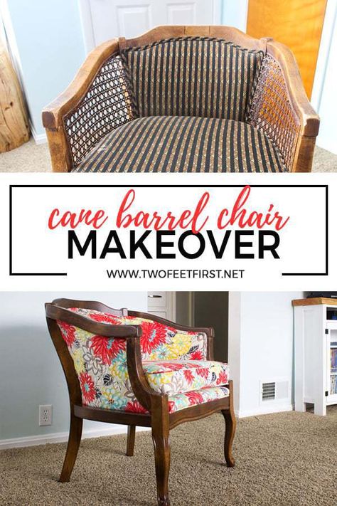 Do you have a cane barrel chair that needs a makeover? Use this DIY tutorial on how to remove that old cane and reupholster your barrel chair. #twofeetfirst #diy #chair #homedecor Cane Barrel Chair, Rocking Chair Diy, Cane Chair Makeover, Reupholster Chair Diy, Diy Barrel, Reupholster Chair Dining, Reupholster Chair, Reupholster Furniture, Upholstery Diy