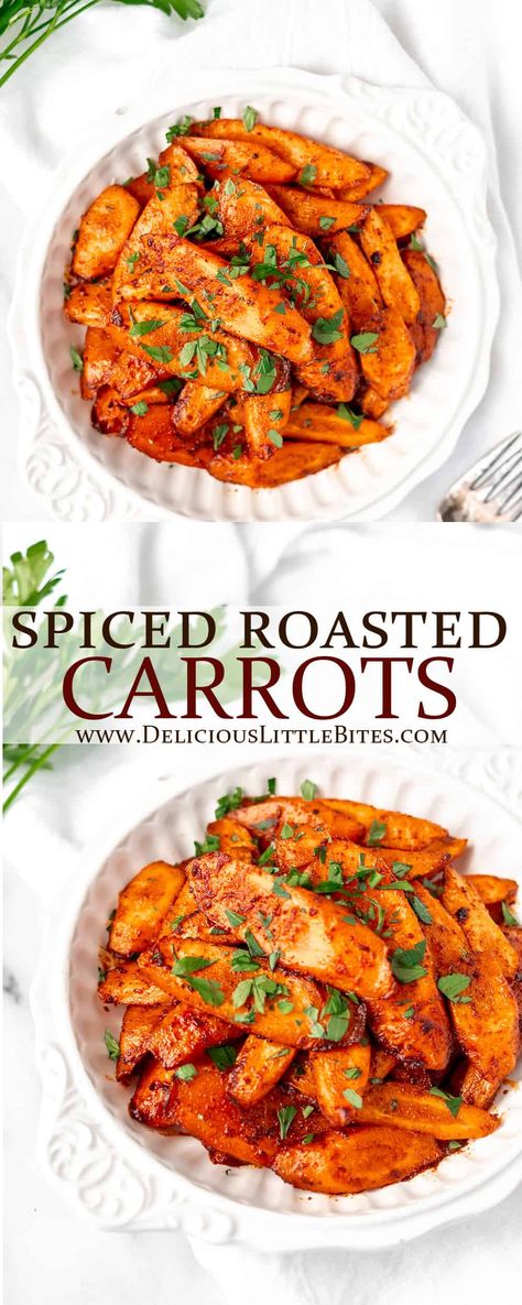 These delicious Spiced Roasted Carrots are seasoned with a blend of warm spices, then roasted until sweet and tender. They pair amazingly with just about every type of protein and are a tasty addition to veggie or grain bowls, as well. | #carrots #roastedcarrots #spicedcarrots #sidedish #recipe Baby Carrots Side Dish, Spiced Roasted Carrots, Baked Carrots Recipe, Carrot Dishes, Roasted Baby Carrots, Baby Carrot Recipes, Carrots Side Dish, Spicy Carrots, Roasted Carrots Recipe