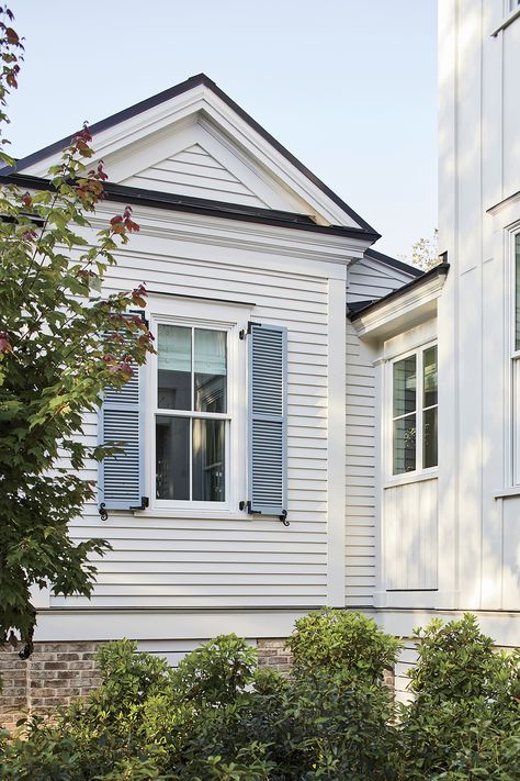 Southern Living Idea House - Riverside Homes Custom Southern Shutters Exterior, Charleston Front Porch, Home With Shutters, Classic Southern Home Exterior, Charleston Side Porch, Southern Living Homes Exterior, Bermuda Shutters Exterior Beach Houses, Southern Front Porches, Southern Style Home