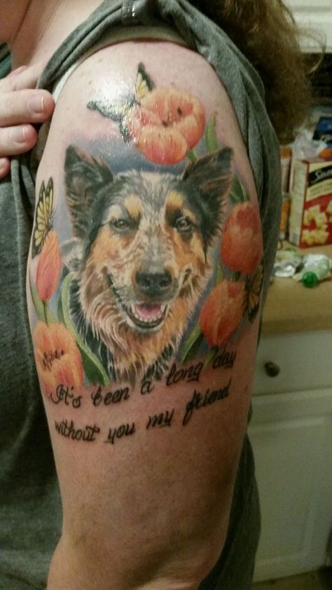 Blue Heeler Tattoo, Heeler Tattoo, Australian Shepherd Blue Heeler, Dog Ear Tattoo, Cattle Dog Puppy, Dog Grooming Diy, Animal Tattoos For Men, Pet Tattoos, Blue Heeler Dog