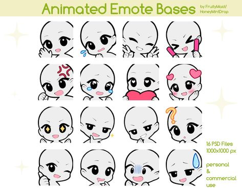 Emote Bases with 2 Frames for Animated Emotes 16 PSD files for creating your own emotes for personal and commercial use Size 1000x1000 Compatible with any art program that supports PSD files (Clip Studio Paint, SAI, Photoshop, Medibang, Krita...) Allowed: -creating own emotes for Twitch/Discord -Base for YCH commissions Not Allowed: -Sell bases as they are -NO AI Message me if you have any questions maidfruity@gmail.com Emote Reference Drawing, Animation Base Frame By Frame, Upper Angle Pose Drawing, Twitch Emotes Ideas Base, Ych Base Couple Cute, Twitch Emote Template, Icon Base, Twitch Emoji Base, Emoji Base