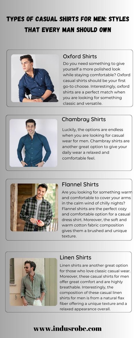 TYPES OF CASUAL SHIRTS FOR MEN: STYLES THAT EVERY MAN SHOULD OWN Shirts Types For Men, Types Of Mens Shirts, Types Of T Shirts Men, Types Of Shirts Men, Every Man Should Own, Chara Design, Types Of T Shirts, Mens Wear, Every Man