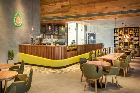 NAO | Avocado Tree Avocado Inspired Design, Interior Design, Radiating Ceiling Design, Colors of an Avocado, Avocado NEON Lights Burrito Bar, Juice Bar Design, Bar Stuff, Beautiful Bathroom Designs, Mexican Restaurants, Avocado Tree, Cafe Shop Design, Juice Bar, Cafe Shop