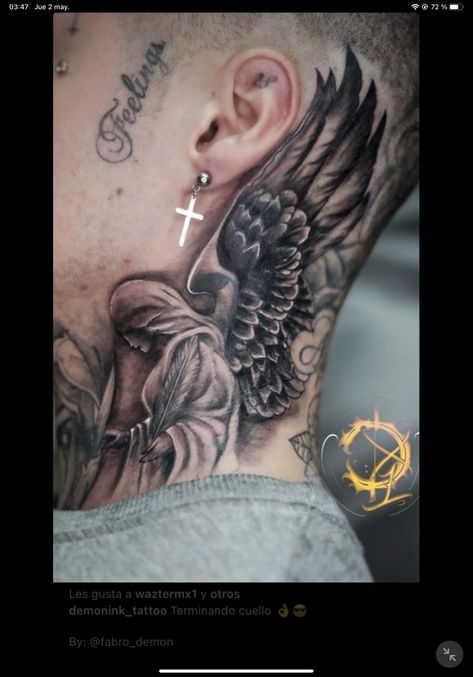 Red Cross Neck Tattoo, Angel Wing Tattoo For Men, Jesus Neck Tattoo, Neck Angel Tattoo, Angel Tattoo Behind Ear, Neck Tattoo Cross, Cross Neck Tattoo Men, Ester Tattoo, Men's Side Neck Tattoos