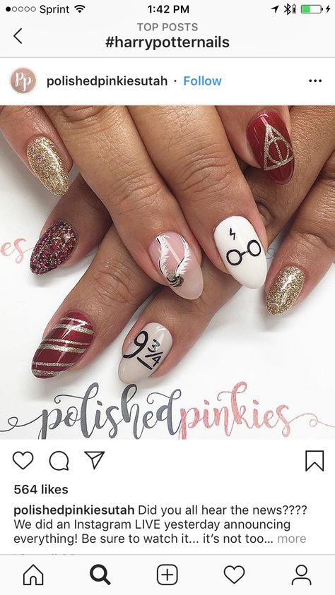 Harry Potter Nails Christmas, Christmas Harry Potter Nails, Harry Potter Almond Nails, Harry Potter Wedding Nails, Harry Potter Christmas Nail Art, Universal Studio Nail Designs, Nails For Universal Studios, Harry Potter Gel Nails, Easy Harry Potter Nails