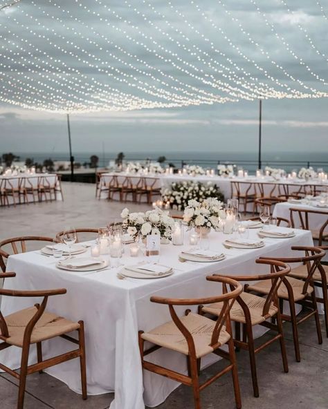 Cabo wedding reception on a rooftop Trendy Beach Wedding, Beach Front Wedding Reception, Cabo Wedding Table Decor, Elegant Beach Wedding Reception, Surf Club Wedding Receptions, Beach Wedding Reception Ideas Decor, Simple Beach Reception, Cabo Wedding Inspiration, Chic Mexico Wedding