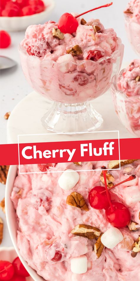 Looking for a dessert that will seriously impress your friends & family? Cherry fluff is a no-bake recipe made in just 3 easy steps with 7 ingredients. Marshmallow Fluff Salad Recipes, Cherry Marshmallow Fluff, Cherry Marshmallow Dessert, Cherry Fluff Salad Recipes, Cherry Fluff Dessert, Cherry Fluff Salad, Fruit Fluff, Berry Pie Filling, Cherry Fluff