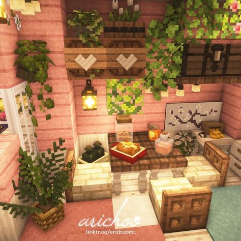 Minecraft Room Cottagecore, Cottagecore Minecraft Room Ideas, Minecraft Fairy Living Room, Cottage Decor Minecraft, Cottagecore Bed Minecraft, Minecraft Archway Design Cottagecore, Minecraft Balcony Ideas To Build, Minecraft Interior Design Aesthetic, Aesthetic Minecraft Mountain House