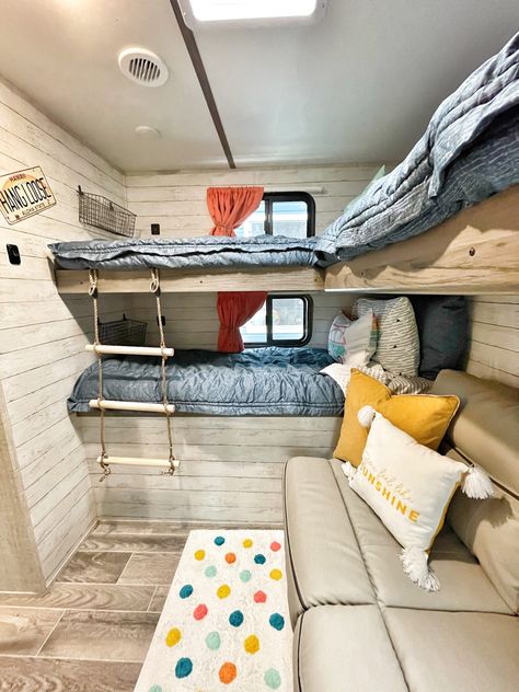 The Bunk Room - Happy Camper Life - Home With Krissy Travel Trailer Kids Room Bunk Bed, Bunkhouse Camper, Camper Bunk Beds, Small Travel Trailer Remodel, Rv Decorating Ideas, Small Travel Trailer, Bunk Room Ideas, Rv Decorating, Camper Reno