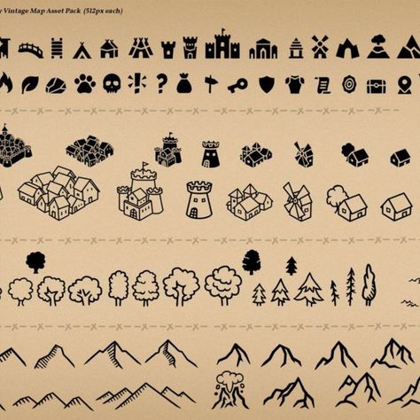 Fantasy Vintage Map Assets & Icons Fantasy Map Drawing Ideas, Map Assets, Fantasy Vintage, Map Sketch, Drafting Drawing, Fantasy Map Making, Dnd World Map, Fantasy World Map, Map Icons