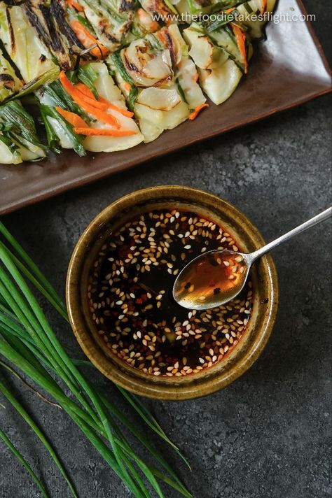 A small bowl with dumpling or pancake dipping sauce Pajeon Dipping Sauce, Vegan Yachaejeon, Kimchi Jeon, Savoury Pancakes, Korean Vegetables, Dumpling Dipping Sauce, Dumpling Sauce, Kimchi Pancake, Korean Pancake