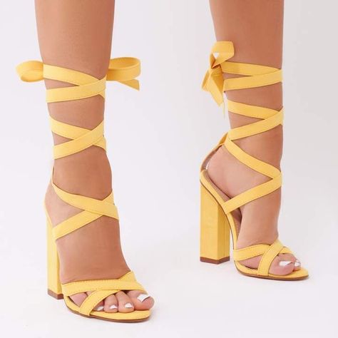 Vera Lace Up Heels in Yellow Faux Suede Yellow Shoes Heels, Space Oc, Dance 2023, Yellow High Heels, Ballet Heels, Trendy Prom Dresses, Tie Up Heels, Prom Dresses Yellow, Yellow Heels