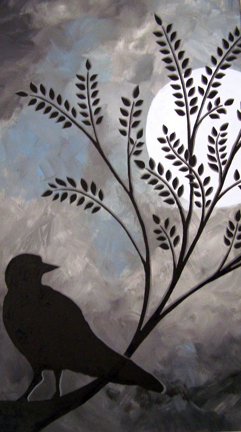 Crow Painting Acrylic Easy, Crow Painting Easy, Rabbit Cottage, Kate Morgan, Crow Painting, Bird Barn, Beach Art Painting, Moonlight Painting, Crow Art