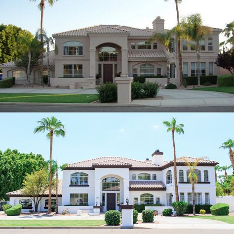 White Tuscan House Exterior, Before And After Mediterranean House, White Exterior Stucco House, White Stucco House Exterior, White Mediterranean House Exterior, Tuscan Exterior Paint Colors, Stucco Home Exterior, Dunn Edwards Exterior Paint Colors, Mediterranean Exterior Paint Colors