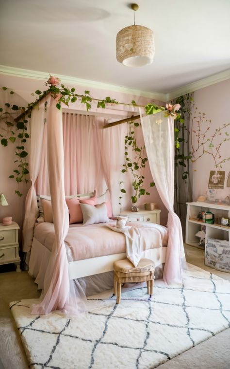 Canopy Bed Teenage Girl, Canopy Beds For Girls Room, Pink Bed Frame Bedroom Ideas, Canopy Bed With Lights, Girls Bed Canopy, Bed For Girls Room, Bed In Closet Ideas, Bed Lights, Bed In Closet