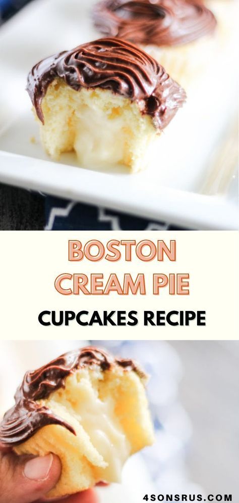 Filled Cupcakes Easy, Cream Pie Cupcakes, Boston Cream Pie Cupcakes, Chocolate Buttercream Recipe, Get Stuffed, Yellow Cupcakes, Pie Cupcakes, Homemade Custard, Cream Custard