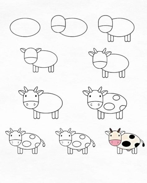 Easy Cow Drawing, Cow Drawing Easy, Kids Drawing Ideas, Cow Drawing, Drawing Tutorials For Kids, Easy Drawings For Kids, Baby Drawing, A Cow, Drawing For Kids