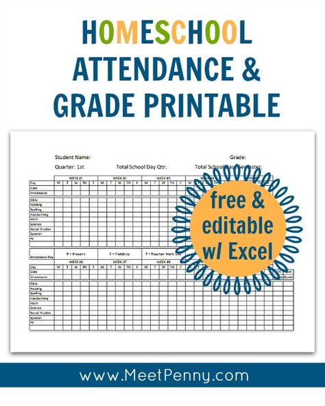 NEW at Meet Penny: Homeschool Attendance and Grades Printable #organization #homeschooling #printables Homeschool Unschooling, Homeschool Attendance, Grade Book Template, Homeschool Transcripts, Report Cards, Homeschool Elementary, Homeschool Education, School Plan, Record Keeping