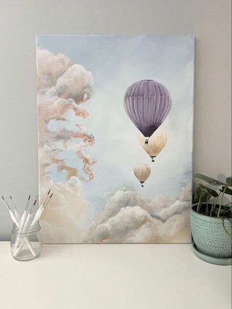 Super Easy Acrylic Paintings For Beginners, Painted Hot Air Balloons, Ballon Art Painting, Easy Nature Paintings On Canvas, Painting Ideas On Canvas Square, Acrylic Painting Ideas On Canvas Abstract Art Inspiration, Acrylic Landscape Paintings Tutorials, Painting Inspo Acrylic, Big Canvas Painting Ideas Acrylic