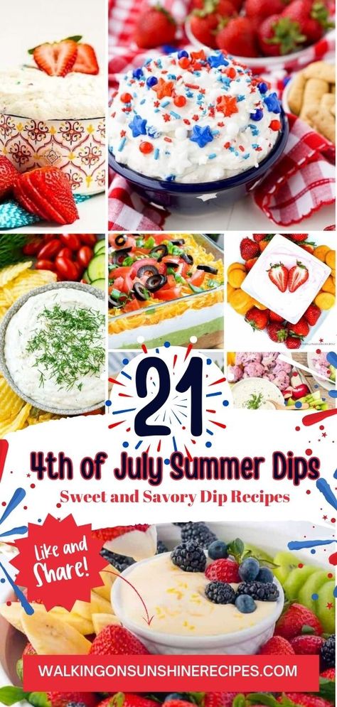 From classic dill vegetable dips to creative recipes that could also double as desserts, these 4th of July Dip Recipes are sure to impress your guests and get everyone ready for the main event...the barbecue! 4th Of July Food Dips, Fourth Of July Dips Easy, Dip For 4th Of July, 4th Of July Dips Recipes, July 4 Dips, Fourth Of July Dip Recipes, 4th Of July Dessert Dip, July 4th Dip Recipes, 4th Of July Chip Dip