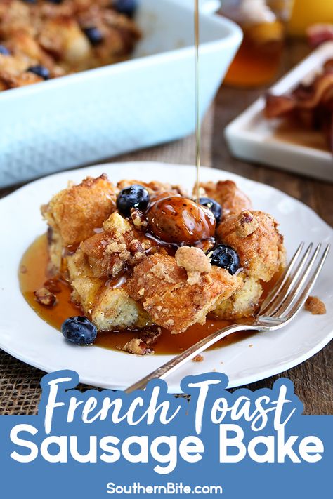 This French Toast Bake recipe combines sweet and crunchy French toast with savory sausage all mixed into one quick and easy overnight casserole! Overnight Casserole, Perfect French Toast, French Toast Casserole Easy, Brunch Foods, French Toast Bake Recipe, Sausage Bake, Sausage Casserole, Yummy Casseroles, French Toast Easy