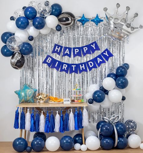 Blue Birthday Decorations, Navy Blue Birthday, Navy Blue Party, Women Birthday Party, Birthday Theme Decoration, Happy Birthday Decor, Blue Birthday Parties, Boy Birthday Decorations, Birthday Party Background