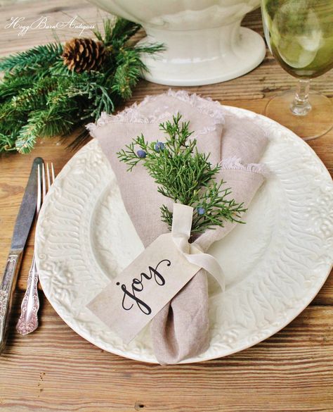 Farmhouse Christmas. Joy Gift Tags as Napkin Place Cards. Hogg Barn Antiques French Farmhouse Christmas, Christmas Place Setting, Christmas Dinner Table Settings, Gift Tag Christmas, Place Setting Cards, Christmas Place Settings, Christmas Dining Table Decor, Christmas Place Cards, Ring Name