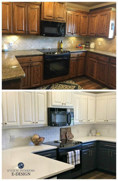 1990 Kitchen Remodel Before And After, Navy And Cream Kitchen Cabinets, Update Brown Kitchen Cabinets, Light Upper Cabinets Dark Lower, Navy And Cream Kitchen, Dark Lower Cabinets Light Upper, Dark Lower Cabinets, Kitchen Cabinets Before And After, White Upper Cabinets