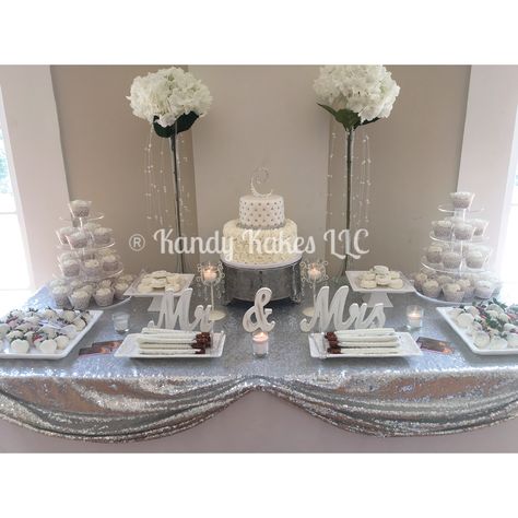 Bridal shower White & silver dessert table 25th Wedding Anniversary Party Ideas Silver Dessert Tables, Anniversary Party Desserts, Black White And Silver Dessert Table, Silver Dessert Table Ideas, 25 Wedding Anniversary Party Ideas Silver, Silver Dessert Table, Bridal Shower White, Anniversary Dessert, 25th Wedding Anniversary Party