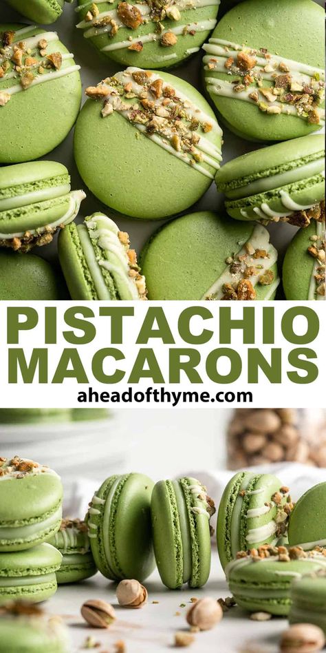 Green And White Macarons, Macaron Recipe Pistachio, Pistachio Macarons Recipe, Pistachio Macaron Filling, Dark Chocolate Macarons, Sage Green Macarons, Pistachio White Chocolate Cookies, Fun Macaron Flavors, Green Pastries