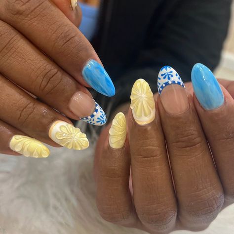 Ready for Italy 🇮🇹🩵💛🍋　 We replaced Lemon instead of Oranges since she likes lemon 🍋💛☀️ inspo: @amys.clients ✨@mj_nailbizz ✨ I'm currently at 📍From M tokyo in Yorkville, Toronto 🇨🇦 #occasionalnails #lemonnails #summernails #summervibes #happynails #夏ネイル #torontonails #texturednails #fruitnails #trendynails #gelx #almondnails #fruitart #海外ネイル Italy Vacation Nails, Amalfi Coast Nails, Italy Inspired Nails, Lemon Nails Designs, Mediterranean Nails, Nails Lemon, Italy Nails, Yorkville Toronto, Lemon Nails