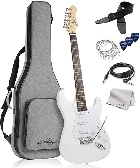 Amazon.com: Ashthorpe 39-Inch Electric Guitar (White-White), Full-Size Guitar Kit with Padded Gig Bag, Tremolo Bar, Strap, Strings, Cable, Cloth, Picks : Musical Instruments Electric Guitar Gibson, Guitar Light, White Electric Guitar, Guitar Gibson, White Guitar, Electric Guitar Kits, Bday Wishlist, Electric Guitar For Sale, Guitar Store