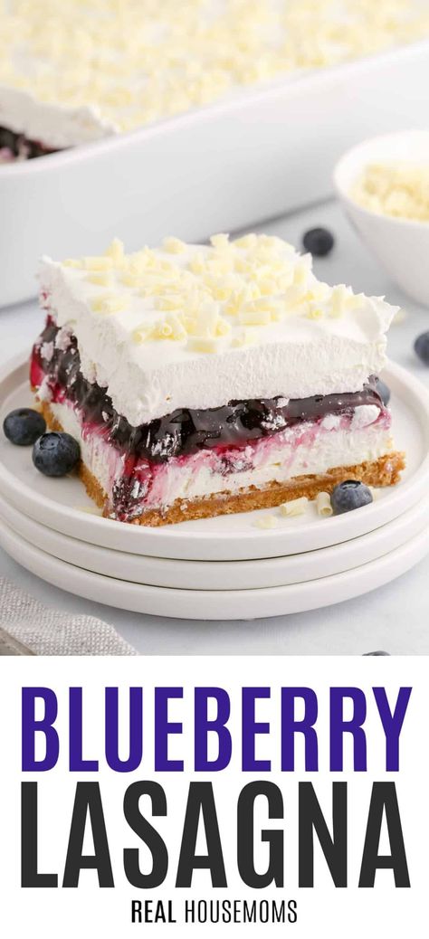 This light, fluffy, and creamy Blueberry Lasagna Dessert is the perfect sweet indulgence to cool down with this summer! #Realhousemoms #blueberry #lasagna dessert #creamcheese #whippedcream #graham crackers #cookout #potluck #summertime Blueberry Lasagna, Cream Cheese Lasagna, Lasagna Dessert, Cookout Desserts, Best Summer Desserts, Lasagna Recipes, Cream Cheese Desserts, Fluff Desserts, Blueberry Desserts