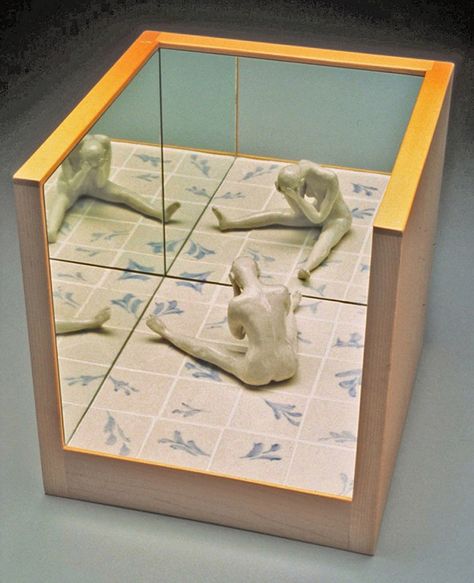 COILLE MCLAUGHLIN HOOVEN – “Despair” 1993, porcelain, mirror, wood, figure Box Sculpture Art, Mirror Art Ideas, Art With Mirrors, Clay Box Ideas, Room Art Ideas, Mirror Sculpture, Mirror Drawing, Paint Sculpture, Clay Objects