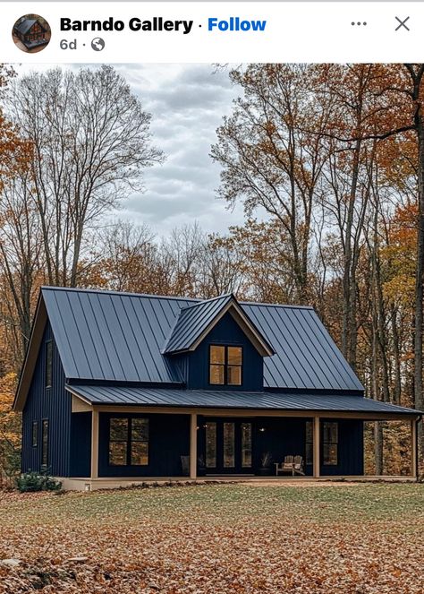 Navy Barndominium Exterior, Blue Barndominium Exterior, Blue Barndominium, Barndominium Exterior, Black Cabin, Barndominium House, Unusual Buildings, Metal Siding, Tin Roof