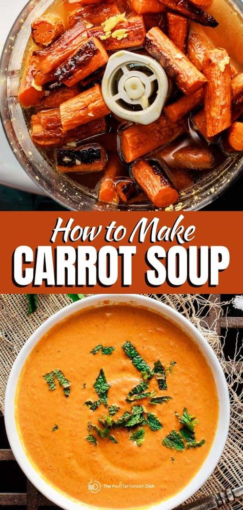 Meal Prep Carrots, Roasted Carrot Ginger Soup, Mediterranean Soups, Clean Soup, Carrot Ginger Soup Recipe, Roasted Carrot Soup, Carrot Dishes, Creamy Carrot Soup, Soup Homemade